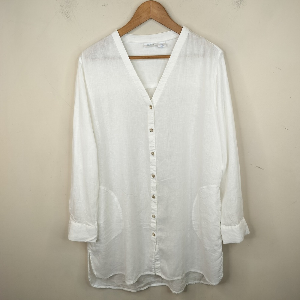 Sigrid Olsen Linen Blend Tunic Large Button Up Pockets Coastal White